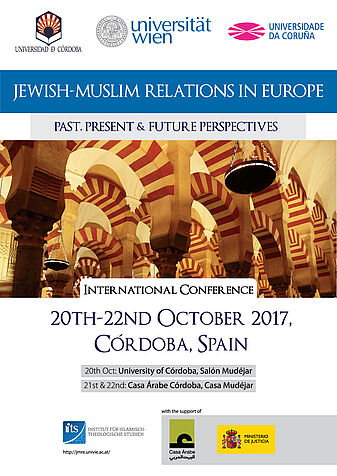 Image: Event flyer with information about the conference, in the background stone arches of the Mezquita-Catedral in Córdoba